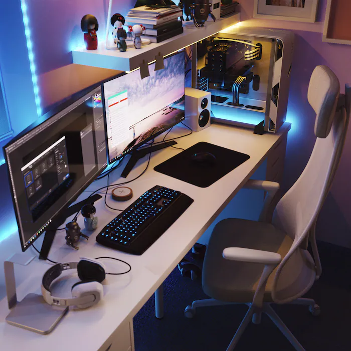 a linnmon alex desk with gaming computer monitors and keyboa 29249cb192b8711463031260e3b2a619 1